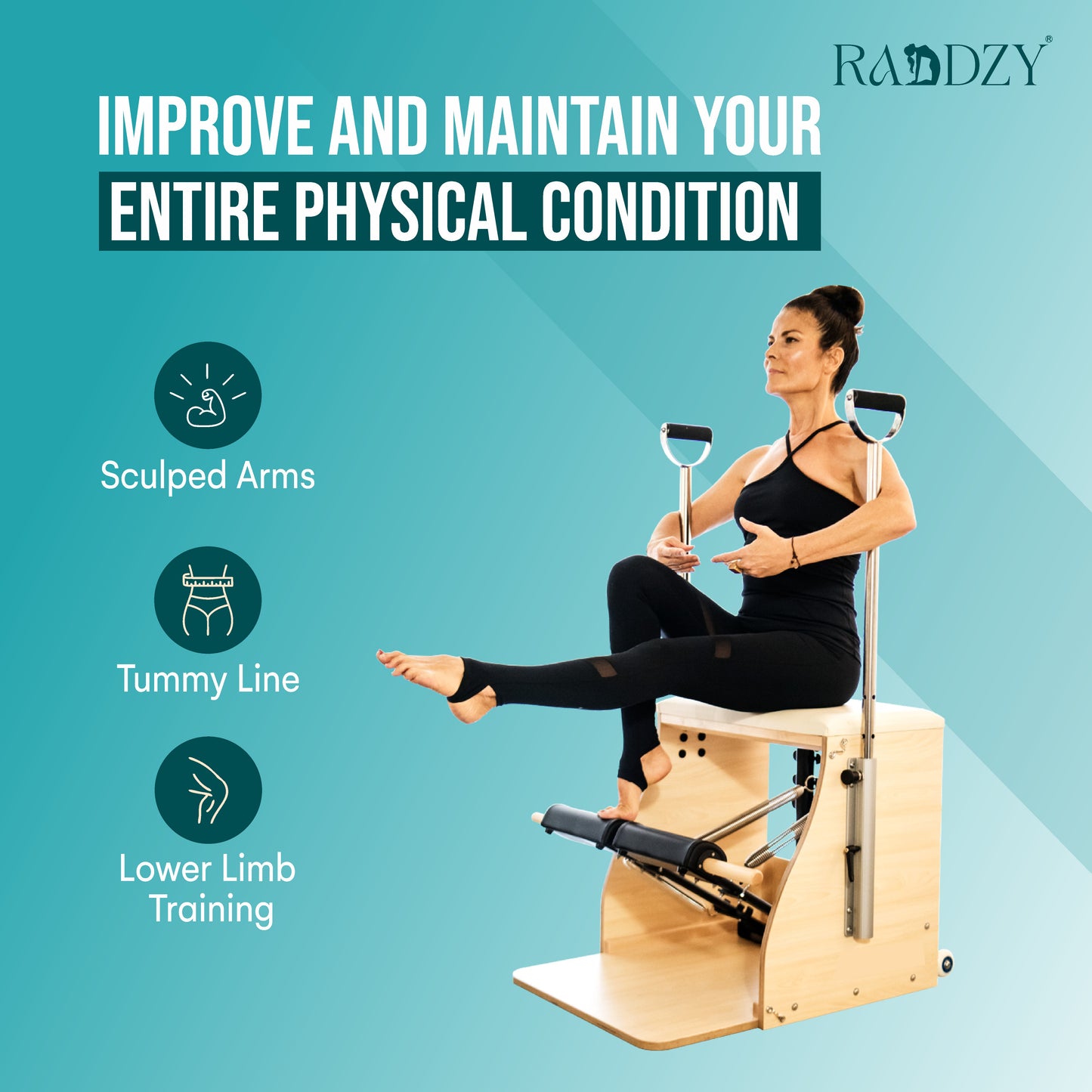 Raddzy Pilates Maple Wood Wunda Chair - with Wooden Handles, Dual Spring Resistance, Ideal for Strength Training, Toning | Compact Fitness Chair for Home Gym, Professional Studio Workouts