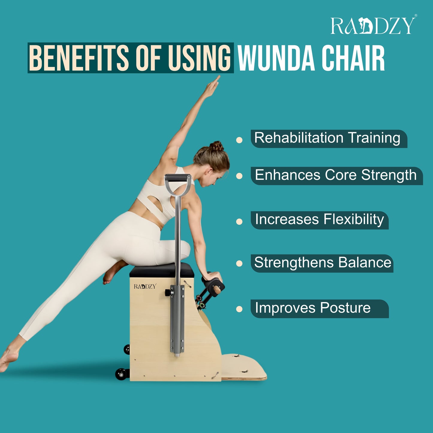 Raddzy Pilates Maple Wood Wunda Chair - with Wooden Handles, Dual Spring Resistance, Ideal for Strength Training, Toning | Compact Fitness Chair for Home Gym, Professional Studio Workouts