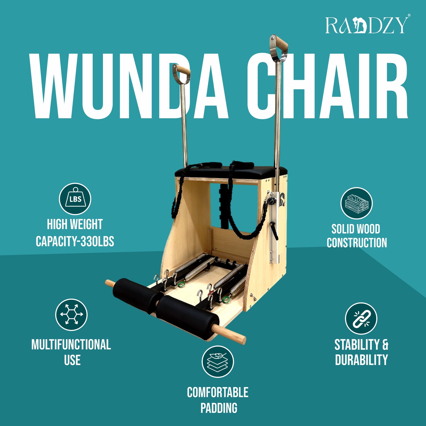 Raddzy Pilates Maple Wood Wunda Chair - with Wooden Handles, Dual Spring Resistance, Ideal for Strength Training, Toning | Compact Fitness Chair for Home Gym, Professional Studio Workouts
