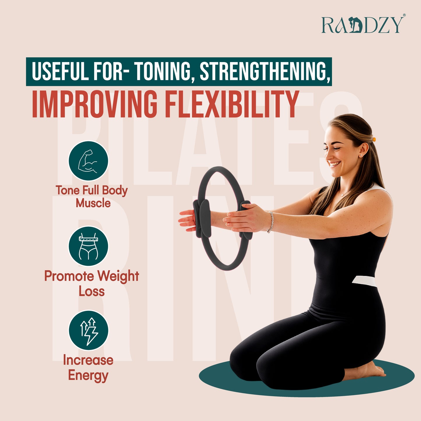 RADDZY Yoga Circle Exercise Pilates Ring – Full Body Toning & Fitness for Stretching, Relaxation & Strength Training (Grey)